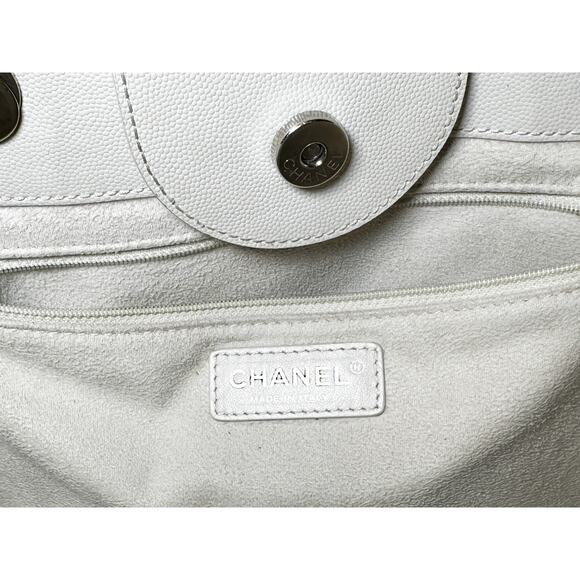 CHANEL Deauville Ivory Caviar Leather Studded GM Large Chain Shopping Tote SHW - Picture 7 of 11